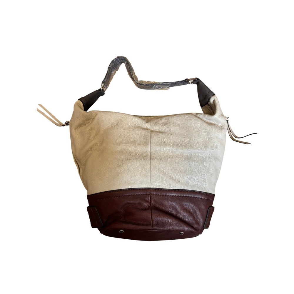 B. Makowsky Pebbled Leather Hobo Bag Cream Brown Colorblock Shoulder Bag NEW